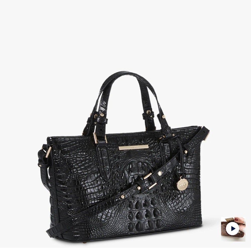 NEW!Brahmin Mini Asher Satchel Black Melbourne Croc leather with long strap